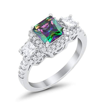 Princess Cut Simulated Rainbow CZ Engagement Ring 925 Sterling Silver